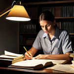 A determined government employee studying at a desk piled with books and papers, lit by a desk lamp, late into the night. The setting is a modest home, reflecting dedication and sacrifice in pursuing education while working.