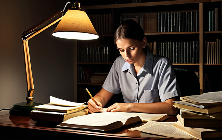 A determined government employee studying at a desk piled with books and papers, lit by a desk lamp, late into the night. The setting is a modest home, reflecting dedication and sacrifice in pursuing education while working.